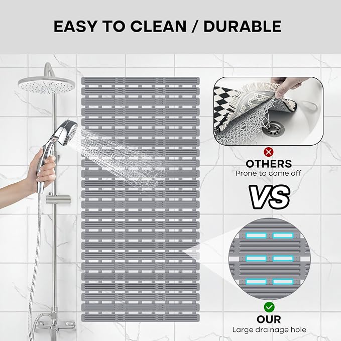 XIYUNTE Rubber Bath Mat for Tub Non Slip, 36 x 16 inches Bathtub Mat Non Slip Shower Mats for Inside Shower, Safety Anti Slip Shower Mat with Suction Cups, Easy to Cut Bath Tub Mat, Ink Gray