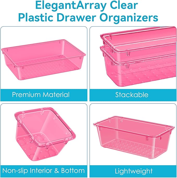 ElegantArray 12 PCS Drawer Organizer Set, 4 Sizes Tool Storage Trays, Clear Plastic Makeup Vanity Organizer and Storage Bins for Stationeries, Multiple Gadgets for Office, Bedroom, Pink