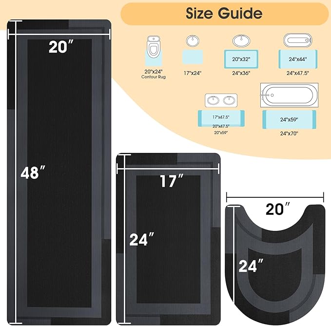 ACCUMTEK Non Slip Bath Mat, Thin Bathroom Rugs Fit Under Door, Quick Dry Bath Mats, Machine Washable Bath Rugs for Bathroom, Bathtub & Kitchen, Bathtub, Black/Bordered/3 Piece