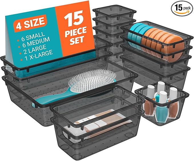 SpaceHacks 15 PCS Clear Plastic Drawer Organizer Set, 4-Size Acrylic Drawer Storage Trays, Storage Bins for Makeup, Gadgets, and Jewelry in Bathroom, Bedroom and Office, Clear Black