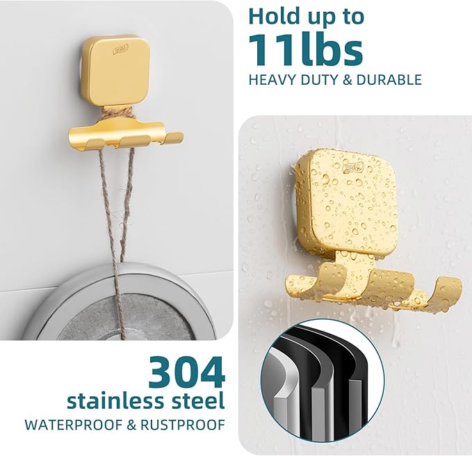 TAILI Powerful Suction Cup Razor Holder 2 Pack, Stylish 304 Stainless Steel Bathroom Suction Hooks for Towel, Loofah, Bathrobe, Shaver Holder for Shower Wall, Easy to Install and Reuse, Gold