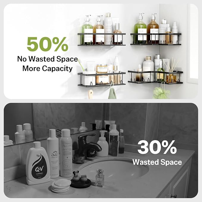 Shower Shelf Corner, 7-Pack Adhesive Shower Caddy, Metal Shower Caddy with Soap Holder, Black Shower Shelves No Drilling Bathroom Caddy for Shower, Home Decor Rv Accessories, Apartment