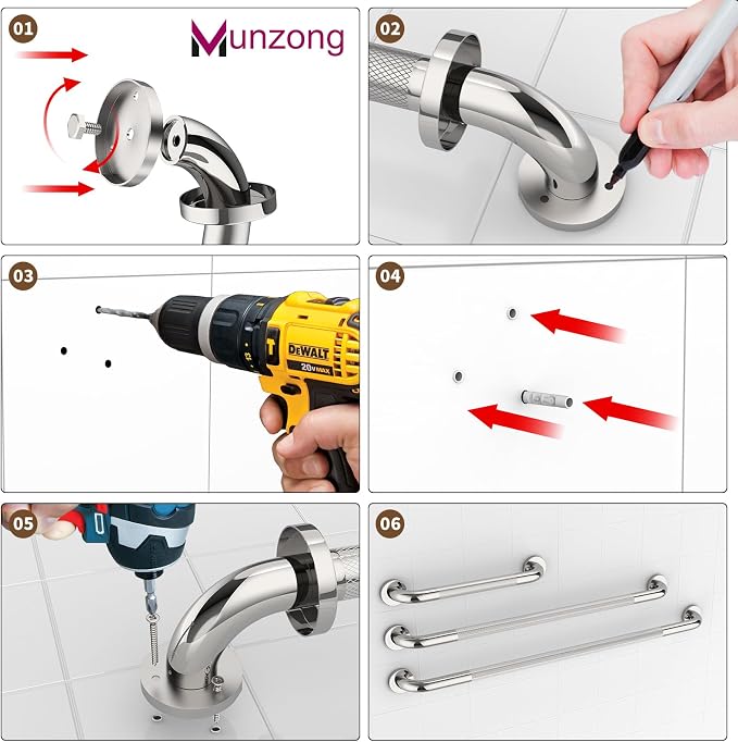 3 Pack Shower Grab Bar for Commercial, Munzong 18" 36" 42" Chrome Bathroom Grab Bar Bundle, 1.25" Diameter Anti Slip Handicap Balance Bar,Safety Hand Rail for Elderly Injury Senior Bath Handle