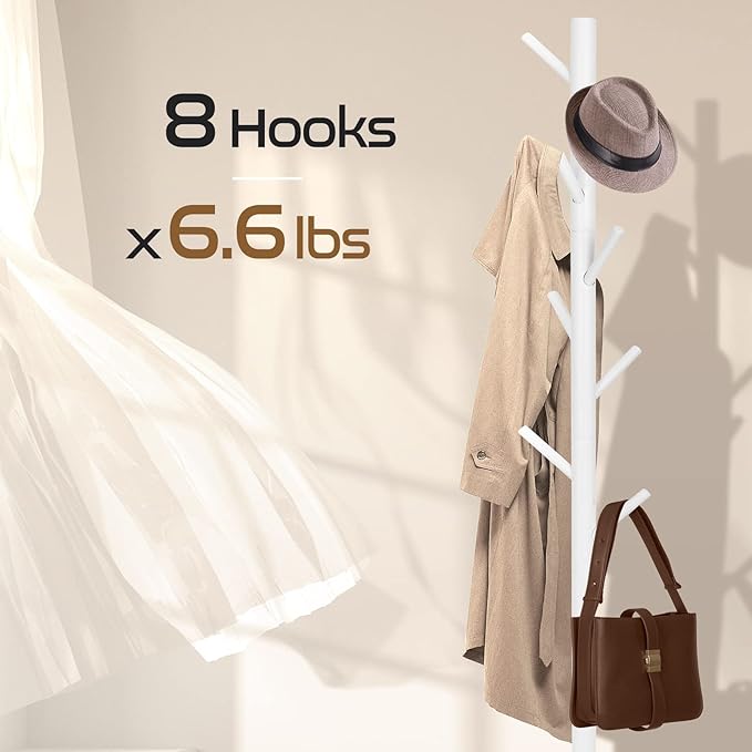 2 PC Wooden Coat Rack Freestanding with 8 Hooks & 3 Adjustable Sizes for Clothes, Space-Saving Design for Bedroom Office Entrance Holds Hats Coats Scarves Bags