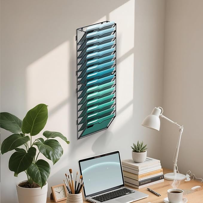 SUPEASY 15-Tier Wall File Organizer, Hanging Wall Files for Papers, Folders, Magazines, Clipboard, Wall Organizer for Office Home School Classroom, Black