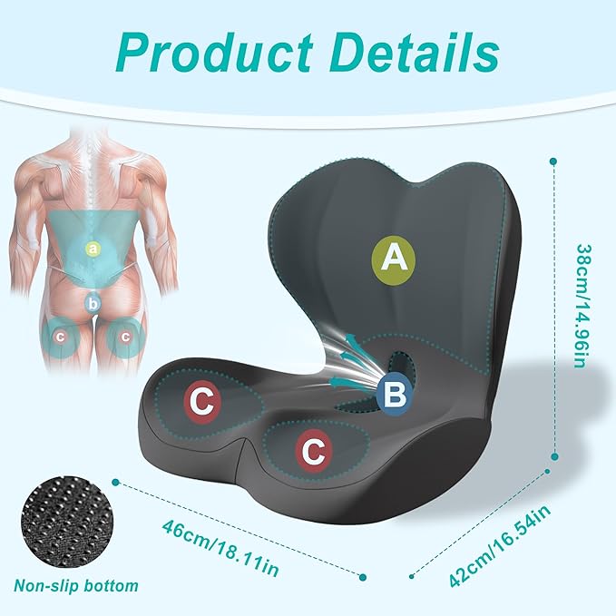 Seat Cushion for Office Chair and Car, Lumbar Support Pillow for Office Chair, Memory Foam Ergonomic Seat Cushion for Long Sitting, Back & Tailbone Pain, Sciatica - Dark Gray
