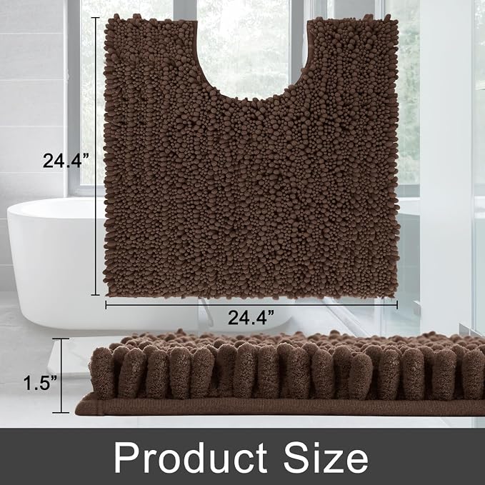 Yimobra Toilet Rug U Shaped Washable 24x24 Inch - Ultra Soft Absorbent Chenille Bath Rugs for Toilet, Quick Dry & Machine Washable, Non Slip Contour Bathroom Mat, Brown
