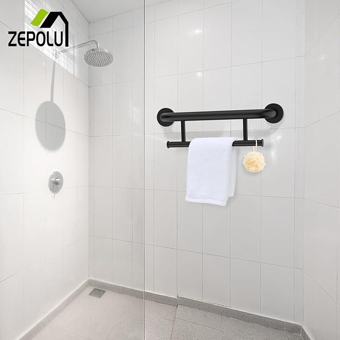 Black Towel Grab Bar 17 Inch, Zepolu Handicap Towel Bar for Bathroom, Stainless Steel Safety Assist Bar Balanced Support Handle, Wall Mounted Towel Rack Grab Bars for Senior Elderly Disabled