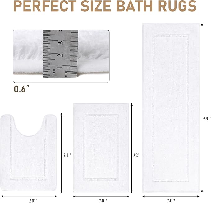 Pauwer Bathroom Rug Sets - 3 Piece Shower Rugs with U-Shaped Contour Toilet Mat, Microfiber Plush Absorbent Bath Mats, Non Slip, Machine Washable Shaggy Floor Carpet, White