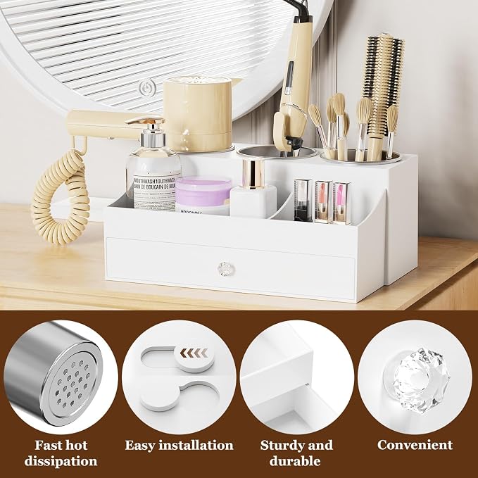 GFWARE Acrylic Hair Dryer Holder with Drawer, Bathroom Organizer Countertop Drawers with 3 Stainless Cups, Makeup Vanity Accessories, Hair Hot Tools Organizer, Toiletry, White