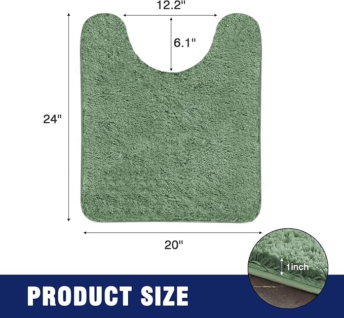 TECHMILLY U Shaped Super Soft Shaggy Bathroom Rugs, Absorbent Thick Non Slip Microfiber Toilet Rugs, Quick Dry Machine Washable Bath Mat for Bathroom Floor, Bathtub and Shower 24"x20" Green