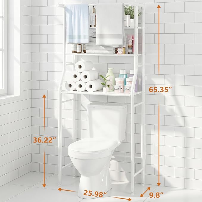 UDEAR 3-Tier Over The Toilet Rack,Bathroom Shelf Space Saver,Corner Stand Storage Organizer Accessories,the Washing Machine,with Hanging Rod,Tower Shelf,White