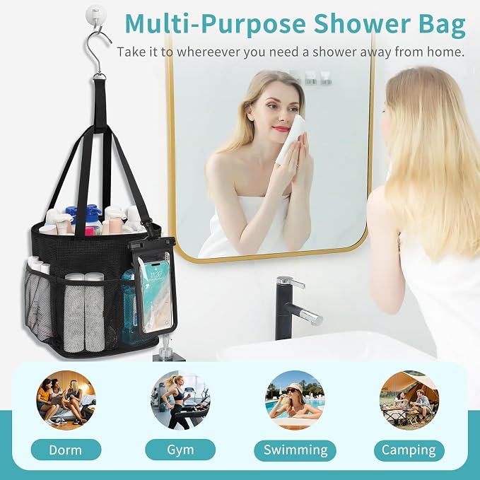 Mesh Shower Caddy Portable for College Dorm Room Essentials, Hanging Shower Caddy with Waterproof Phone Pouch, Large Capacity Shower Bag Basket Tote for Bathroom, Gym, Camping, Swimming, Beach, Black