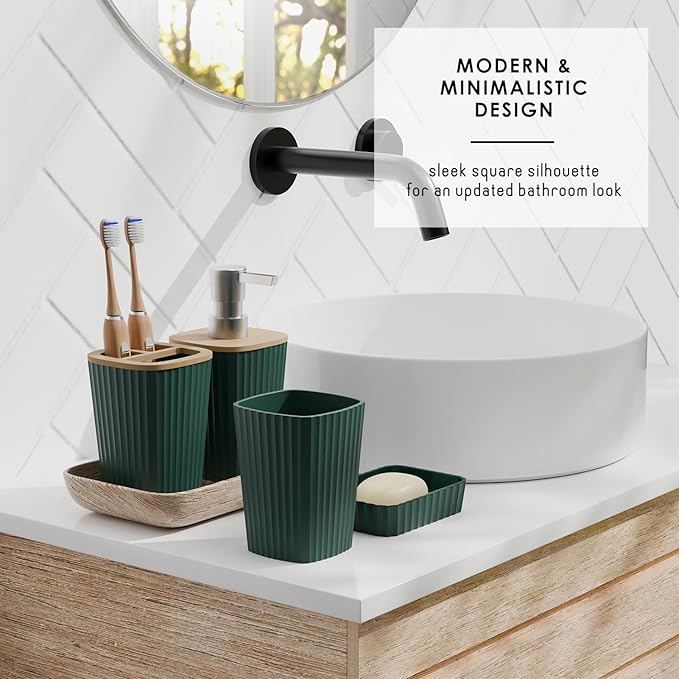Clara Clark Bathroom Set - Hunter Green Bathroom Accessories Set, 6PC Bathroom Accessory Set, Bathroom Sets with Bathroom Rugs, Adhesive Corner Shower Caddy Hanging, Toilet Brush & Trash Can