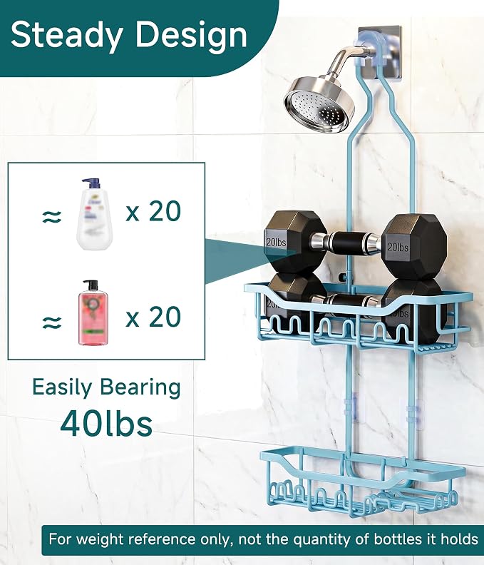 Upgraded Extended Length Shower Organizer with Hooks, Rustproof Shampoo Soap Holder, Large Hanging Bathroom Caddy