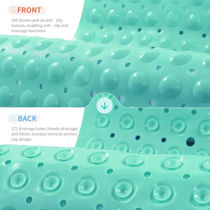 Anti-Slip Bathtub Shower mat, 40×16 inch（ 100 × 40cm） Soft Oversized Machine Washable Non-Slip Bathtub mat with Drainage Holes, Bathroom Floor Suction Cup.（1-Turquoise Green）