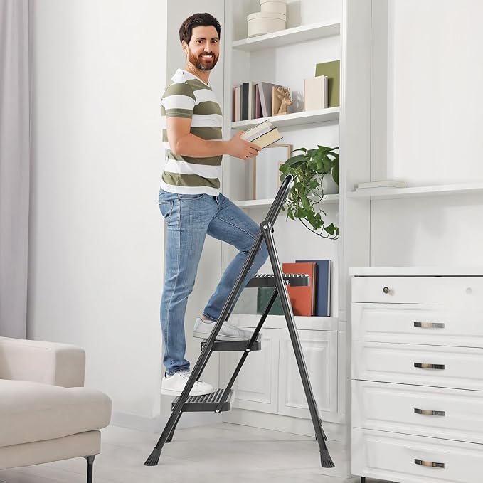 Sweetcrispy Folding 3 Step Ladder Stool - Lightweight, 800lbs Sturdy, with Anti-Slip Feet - Perfect for Home, Kitchen, and Office Use, Easy Storage and Portable Design