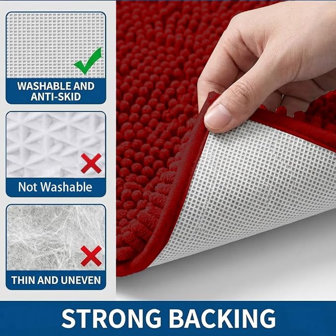 Bathroom Rugs Sets 2 Piece,Super Absorbent Chenille Bath Mats and U-Shaped Toilet Rug,Strong PVC Non Slip Backing,Microfiber Washable Dry Quickly Bath Mats for Bathroom(20"x32"+20"x20"U,Dark Red)