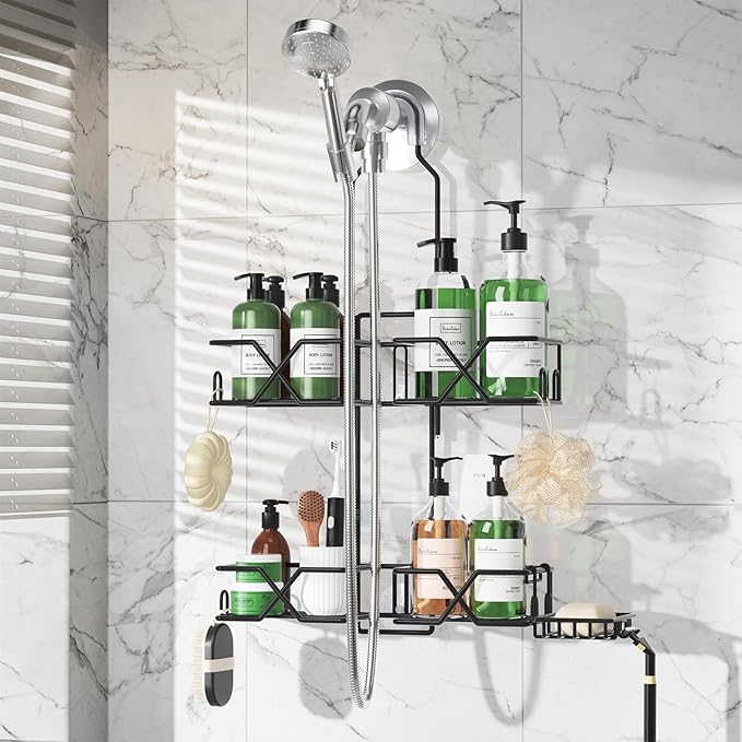 Sewulidon Stainless Steel Hanging Shower Caddy for Handheld Shower Heads,Adjustable Height Extra Long Bathroom Shower Organizer Hanger Rack with Hooks,Soap Holder