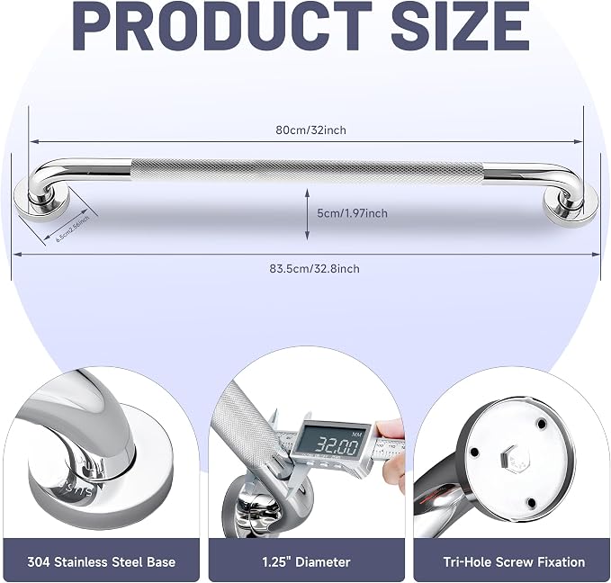 32 Inch Shower Grab Bar, Chrome Anti Slip Safety Bars, 304 Stainless Steel Bathroom Handrail, Handicap Grab Bars for Wall, Shower Grip Handle for Seniors Elderly Injury Assist Bath (1.25" Dia)