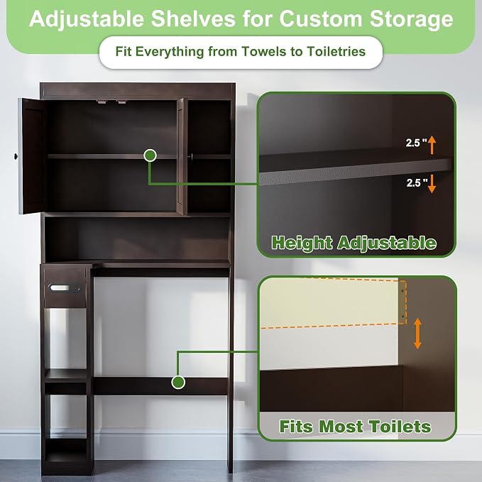 Over The Toilet Storage Cabinet with 7 Shelves, Imitation Walnut Grain Above Toilet Bathroom Organizer with Toilet Paper Holder Stand, Space Saver for Restroom, Laundry, Bathroom (Espresso)