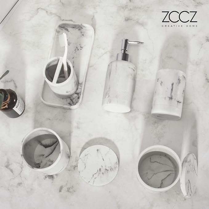 ZCCZ White Marble Bathroom Accessories Set 6 Pieces - Toothbrush Holder, Lotion Dispenser, Qtip Container, Vanity Tray, Tumbler - Countertop Organizer for Bathrooms - Elegant and Functional Décor Set