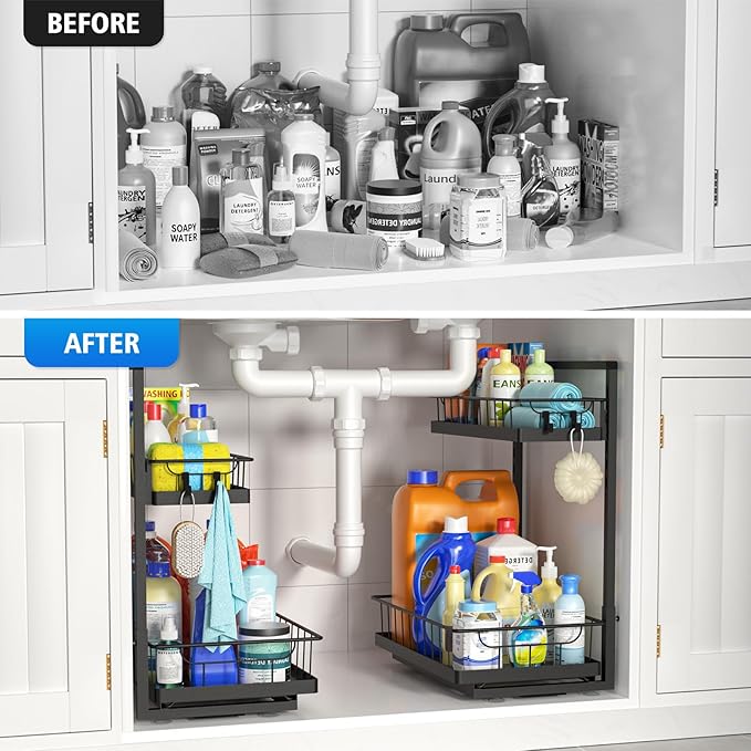 WOWBOX Under Sink Organizer 1 Pack, 2-Tier Cabinet Organizer for Kitchen, Bathroom, Slide Out Drawer Under Sink Organizers and Storage, Metal Organizing Rack for Pantry, Cabinet, Closet