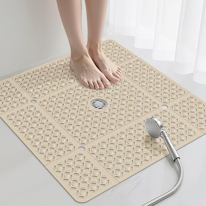 Yolife Square Shower Mat, 27" x 27" Large Shower Mat with Drain Hole in Middle, Soft TPE Non Slip Shower Mats for Inside Shower with Suction Cups, Anti Slip Washable Shower Floor Mat, Brown