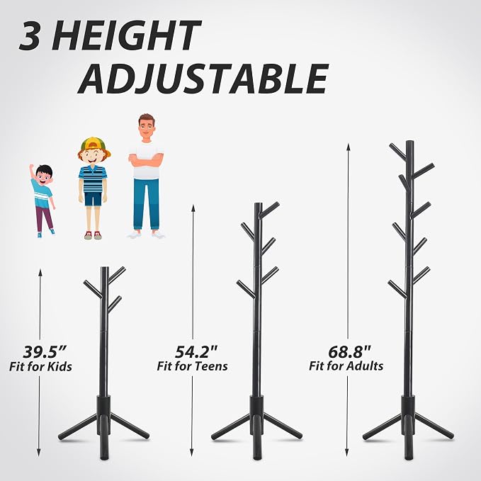 Unisakey Durable Wooden Coat Rack, Freestanding Coat Rack with Stable Triangular Base, 8 Hooks & 3 Adjustable Heights, Simple Assembly for Bedroom, Hallway, Office(New Black)