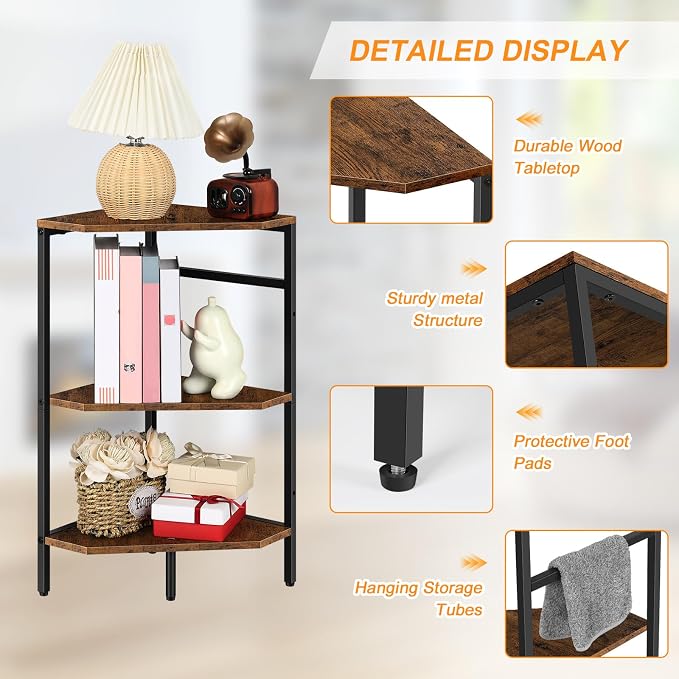 Pedestal Sink Storage, 2 Pack Under Sink Organizer Shelf for Bathroom 3 Tier Wooden Corner Shelves Standing Under Vanity Storage Shelf for Small Space, Bathroom Organizers and Storage Rack, Brown