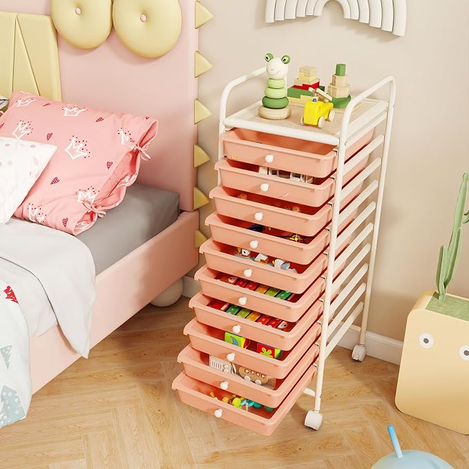10-Drawer Rolling Storage Cart, Trolley w/Lockable 360° Wheels, 10 Removable PP Drawers, Sturdy Metal Frame, Rolling Utility Cart Perfect for Home, Office, Classroom (Peach Fuzz)