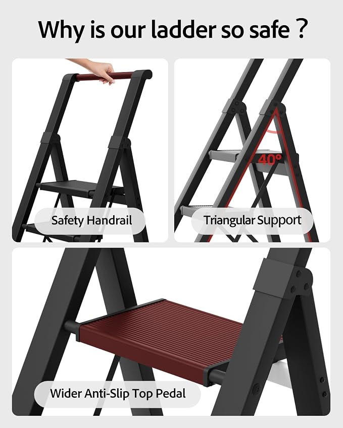 5 Step Ladder, Lightweight Folding Step Stool withConvenient Handgrip,Aluminum 330lbs Capacity Step Ladderfor Office,Household,Kitchen(Black)