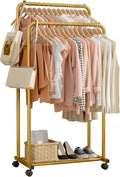 Sakugi Clothes Rack - Clothing Rack with Storage Mesh Shelf & Casters, Heavy-Duty Metal Clothing Rack for Hanging Clothes, Dresses, Coats, Large Load Capacity, Easy Assembly, Gold, 28.0"x16.0"x59.0"