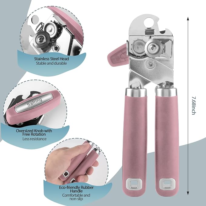 Safring Can Opener Manual, Heavy Duty Handheld Strong Can Opener with Soft Touch Handle, Sharp Blade Smooth Edge, Can Openers with Multifunctional Bottle Opener, Pink