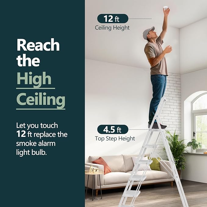 WOA WOA 6 Step Ladder, Lightweight Folding ladders with Wide Pedals, Slim Stepladder for Narrow Spaces, Tall Ladder for High Ceilings with Handrails, Kitchen Aluminum Ladder 300lbs - White