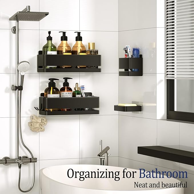 Bathroom Shower Caddy (5-piece Set), wall-Mounted Shelf with soap Dish and Toothbrush Holder, no Drilling Required, Ideal for Bathroom Storage and Also Suitable for Kitchen (Black)