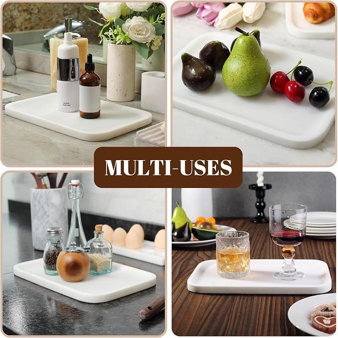 Koville Marble Vanity Tray, 12"x8" Marble Catchall Tray for Countertop Bathroom Kitchen Dresser, Rectangular Decorative Stone Tray for Jewelry Cosmetics Perfume Trinket(White)