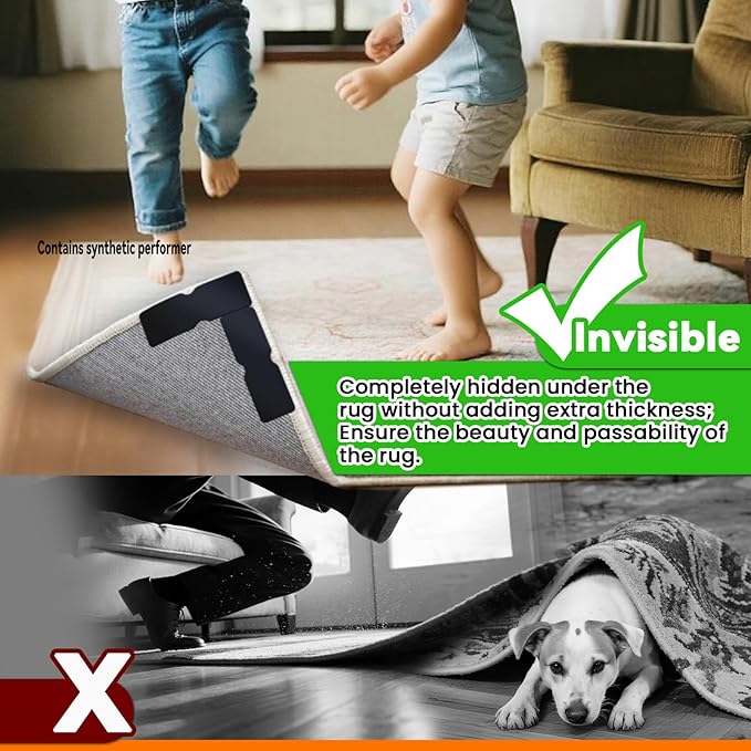 Rug Non Slip Grippers, Reusable Rug Tape Pads for Hardwood Floors, Laminate Floor, Tiles, No Residue on Flooring, Strong Adhesive Carpet Tape for Area Rugs, Keep Corners Flat (32)