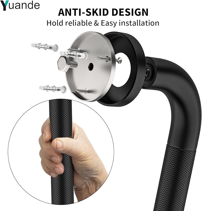 32 Inch Black Shower Grab Bar with Anti-Slip Knurled Grip,YuanDe Stainless Steel Bathroom Grab Bars，Shower Handrail Support, Handicap Elderly Balance Assist Handles