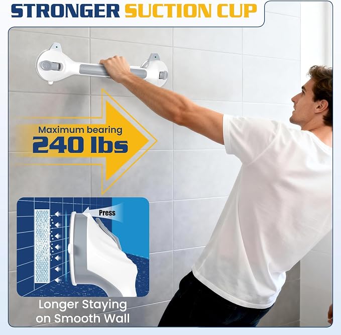 KVANT Shower Grab Bars for Seniors, 16.5 Inch Shower Handle (Gray White) | Safety Signal Indicators, Strong Suction Cup, Easy Installation, No Drill, Removable, Anti-Slip, Waterproof