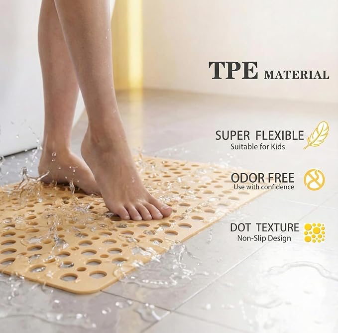 Nonslip Bathtub Mat Extra Soft TPE Bath Mat for Kids, Machine Washable Bathroom Shower Mat, Smooth/Non-Textured Tubs Only, 30L x 17W Inch (Light Orange)