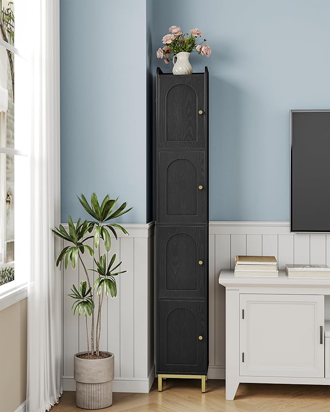 Hzuaneri 4-Tier Narrow Tall Storage Cabinet, Slim Bathroom Storage Cabinet with 4 Adjustable Feet and Shelves, Bathroom Organization for Small Space, Kitchen, Living Room, Laundry Room Black BC43304G
