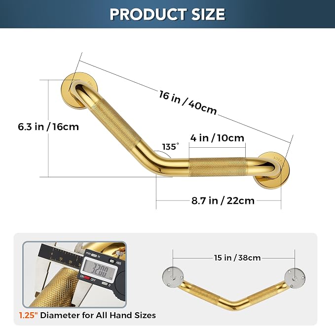 Grab Bars for Bathtubs and Showers- 1-1/4 x 16 Angled Shower Grab Bar for Seniors Knurled Stainless Steel Handicap Grab Bars for Wall (Gold, 1 Pack)