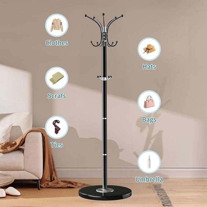 OIRUMIE Coat Rack with Natural Marble Base, Metal Freestanding Coat Racks with 14 Hooks, 360°Rotary Coat Rack Stand for Hanging Scarf, Bag, Jacket, Black Coat Tree Hanger Holder Stand