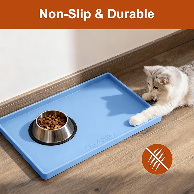 ukeetap Extra Thick Silicone Mat Waterproof with Raised Edge 19” x 12”, BPA Free Non-Slip Dog & Cat Food Mat, Feeding Mat for Food and Water Bowls, Spill Proof Mat to Protect Floors, Blue