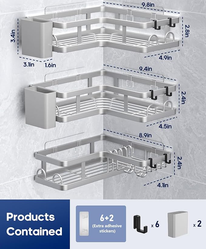 3 Pack Corner Shower Caddy Organizer, Rustproof Corner Shower Shelves, No Drilling Bathroom Corner Shelf with Hooks and Toothpaste Holder