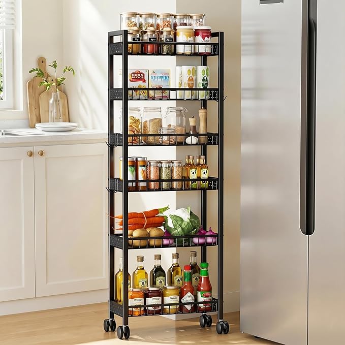 6 Tier Slim Storage Cart, Narrow Rolling Cart with Wheels, Narrow Mobile Utility Shelf Unit Organizer for Kitchen, Bathroom, Laundry Room, Living Room, Small Places, 6in(W), Black