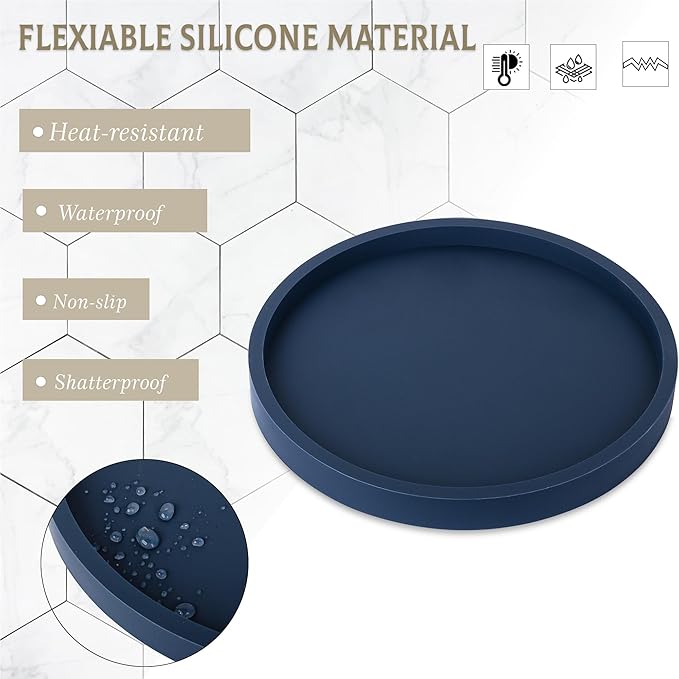 Silicone Bathroom Tray Round Vanity Tray Decorative Soap Holder Kitchen Countertop Organizer Coffee Table Decor for Candle, Perfume, Plant, 11 Inch, Dark Blue
