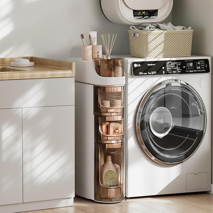 VECELO 3-Tier Slim Bathroom Storage Cabinet with Wheels, Skinny Bathroom Storage Cabinet with Drawers, Toilet Paper Holder, Movable Narrow Floor Cabinet for Small Space, Bathroom