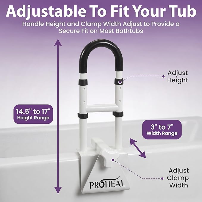 Bathtub Grab Bar for Seniors, Shower Safety Rail, Non-Slip Stainless Steel Handle, Fits 3"-7" Tub Walls, Supports 300 LBS, Adjustable Height 14.5"-17", Tool-Free Clamp-On Install - ProHeal